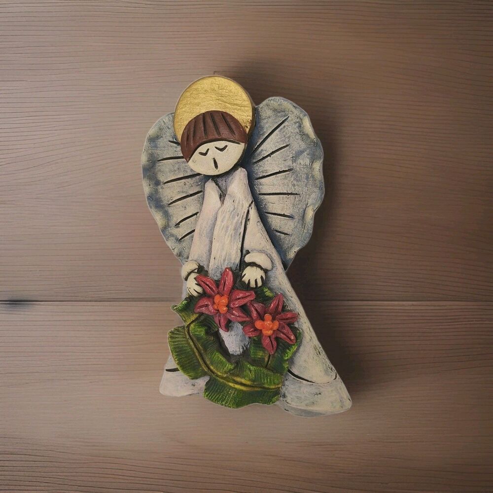 Hand Painted Christmas Angel Wall Hanging Decor Poinsettia Wreath Vintage Style